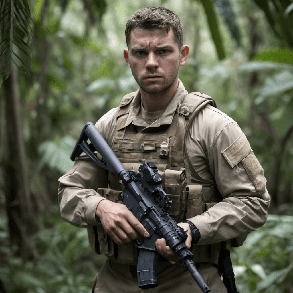 Портрет военного солдата с нервным и озабоченным выражением лица, держащего в руках AR15, в джунглях