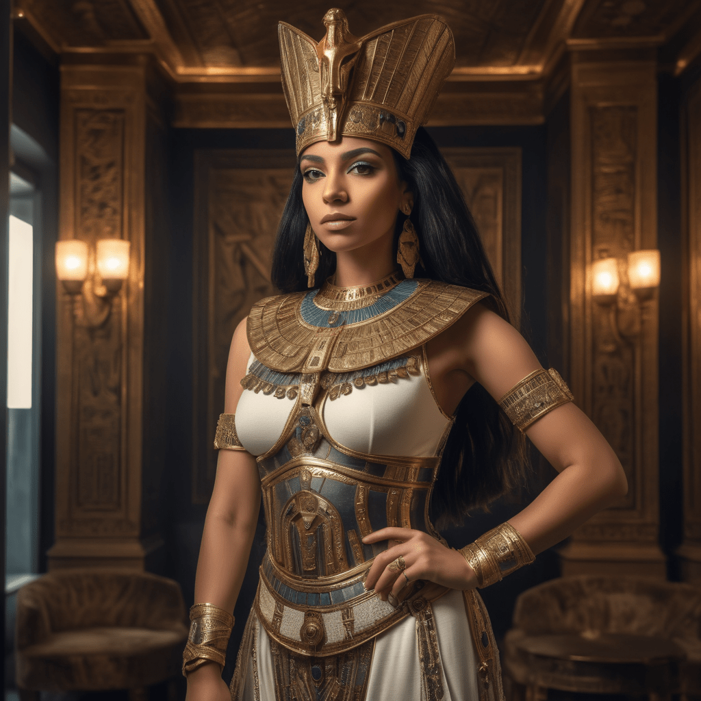Портретная фотография египетской царицы в роскошном платье с украшениями и доспехами, роскошная комната