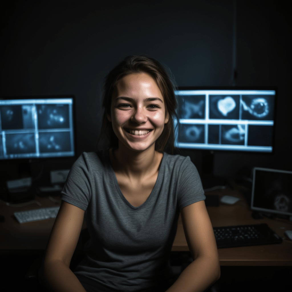 Женщина-социальный работник веселится в темной комнате в окружении экранов компьютеров, фотография низкого качества, размытая, (улыбка:0,5), (мягкое освещение, высокая детализация кожи:1,1)