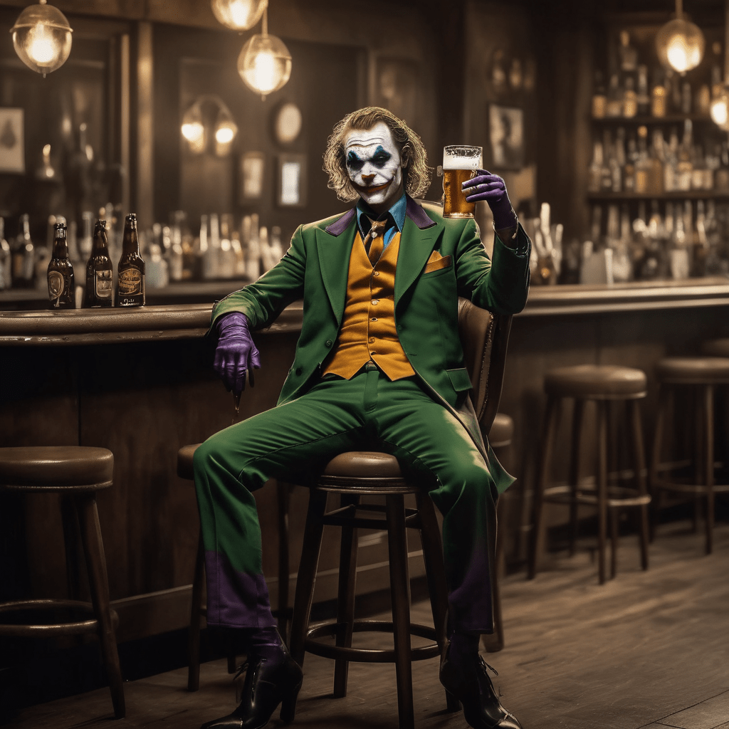 шедевр, лучшее качество, Джокер с пивом в руке сидит на стуле в баре