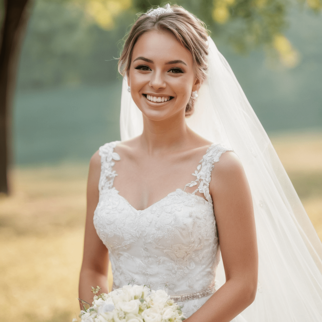 Портрет красивой невесты в белом свадебном платье, улыбающейся, счастливая