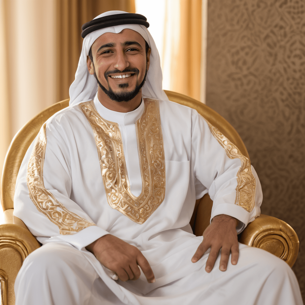 Арабский шейх, сидит на золотом стуле, улыбается, в халате, арабские одежды, фотосессия, портрет, DSLR
