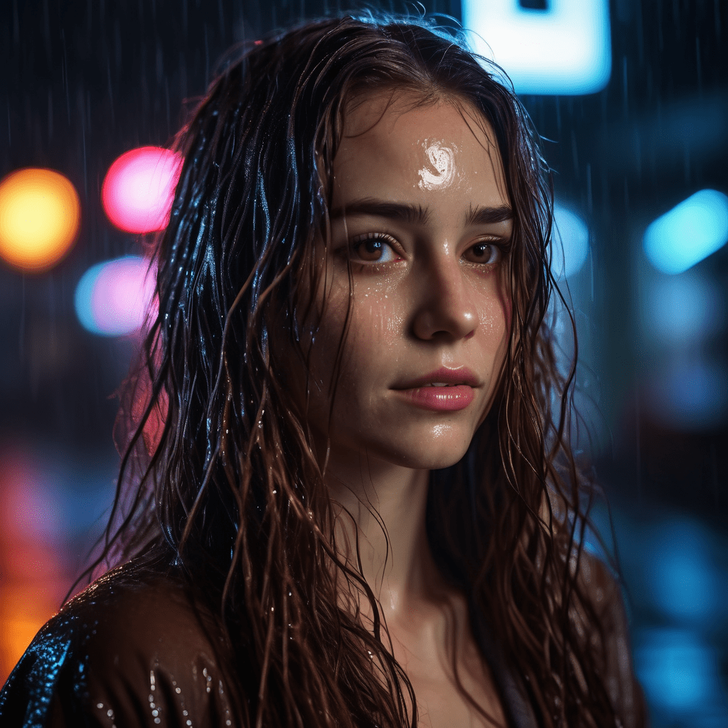 Фотография женщины. неоновые огни, поздно ночью, под дождем, очень длинные каштановые мокрые волосы, кинематографическая, малая глубина резкости, чрезвычайно детализированная