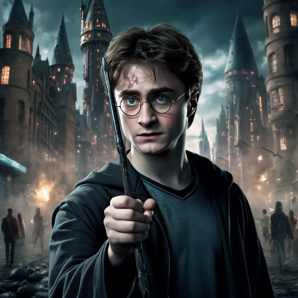 Фотография Гарри Поттер в научно-фантастическом футуристическом городе, антиутопия, портрет, держит футуристическую палочку